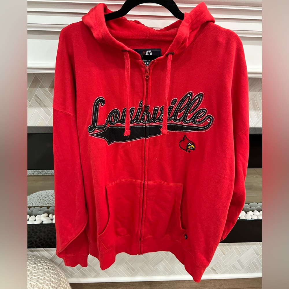 J. America Louisville Cardinals Red Full Zip Hoodie with Baseball Style Logo XXL
